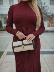 Cioccolato 女士纯色立领长袖简约宽松 A 字裙 - 酒紅色 - 查看 3