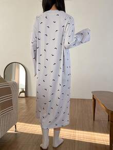 DAZY Puppy Pattern Purple Bat All-Over Print Long Sleeve Loose Nightgown Dress For Women - Mauve Purple - View 2
