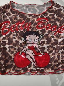 Betty Boop x SHEIN Women's Summer Vacation Beach Cartoon Pattern Halter Bikini Set And Cover-Up Top - Red - View 4