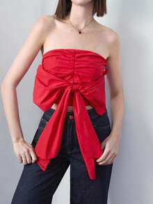 Maija 女士时尚蝴蝶结前系带褶皱后背吊带背心，百搭优雅，适合派对、聚会、情人节等场合，修身紧身红色胸衣节日 - 紅色 - 查看 5