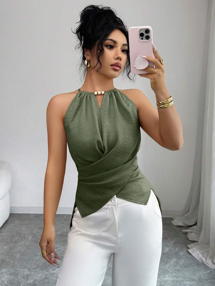 Elenzga Áo tank top nữ màu trơn đính cườm, không tay, kiểu dáng casual, thắt chéo. - xanh quân đội - Xem 1