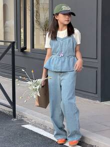 DAZY Tween Girls' Casual Vacation & Everyday Peplum Hem Denim Cami Top & Jeans Set, Summer - Blue - View 2