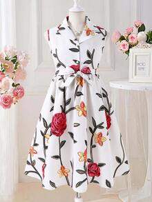 Tween Girls Elegant Floral Turndown Collar Sleeveless Dress, Suitable For Commuting, Party, And Gatherings - Multicolor - View 2