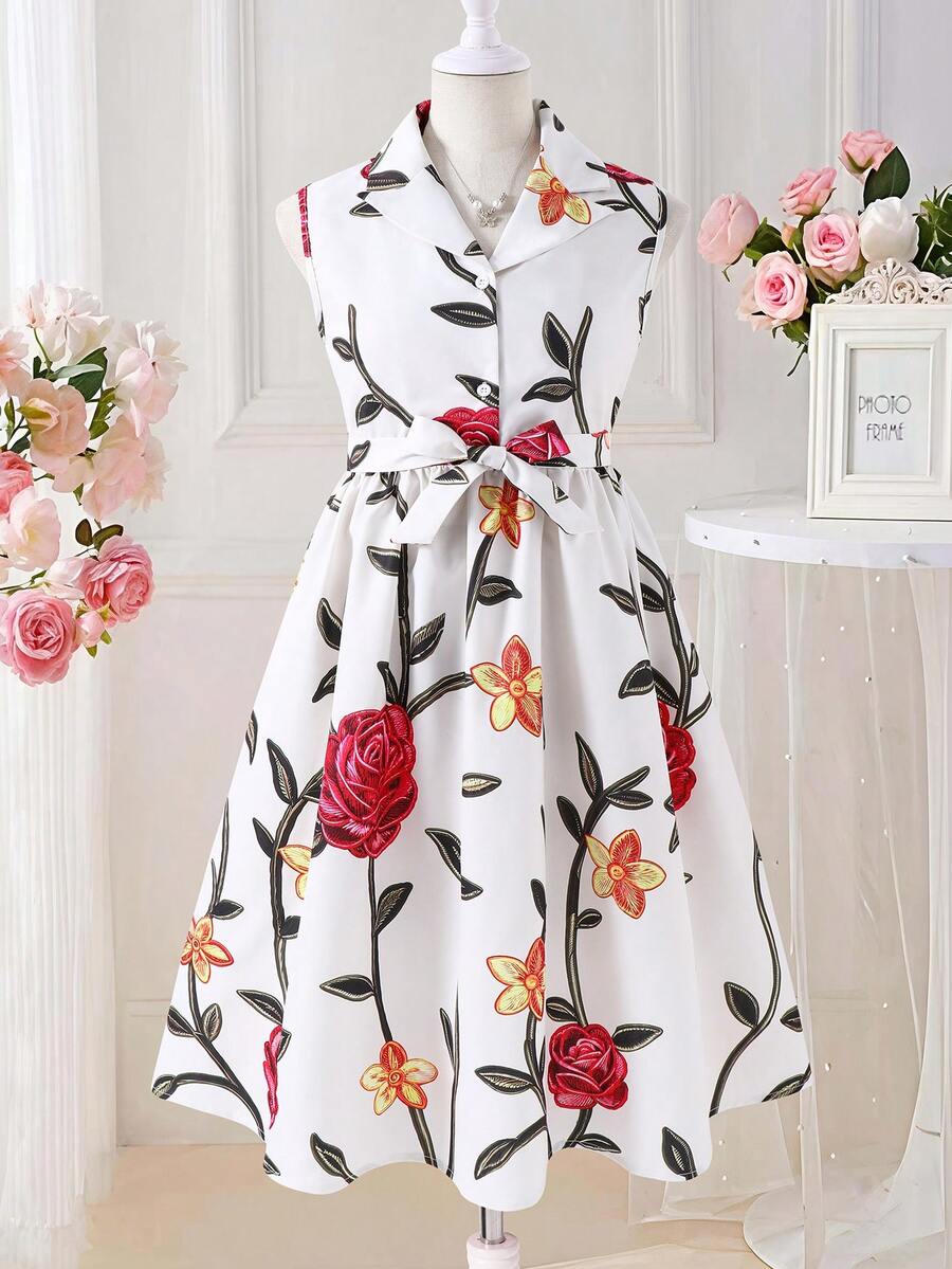 Tween Girls Elegant Floral Turndown Collar Sleeveless Dress, Suitable For Commuting, Party, And Gatherings
