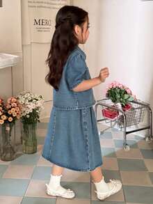 DAZY Young Girl Casual Denim Set: Puff Sleeve Button-Up Shirt And Mini Skirt