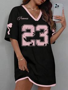 SHEIN CURVE+ 大码女式休闲简约粉色蝴蝶结装饰网纱V领迷你连衣裙，适合外出和返校穿着，时尚返校连衣裙/2026/新年 - 黑色 - 查看 3