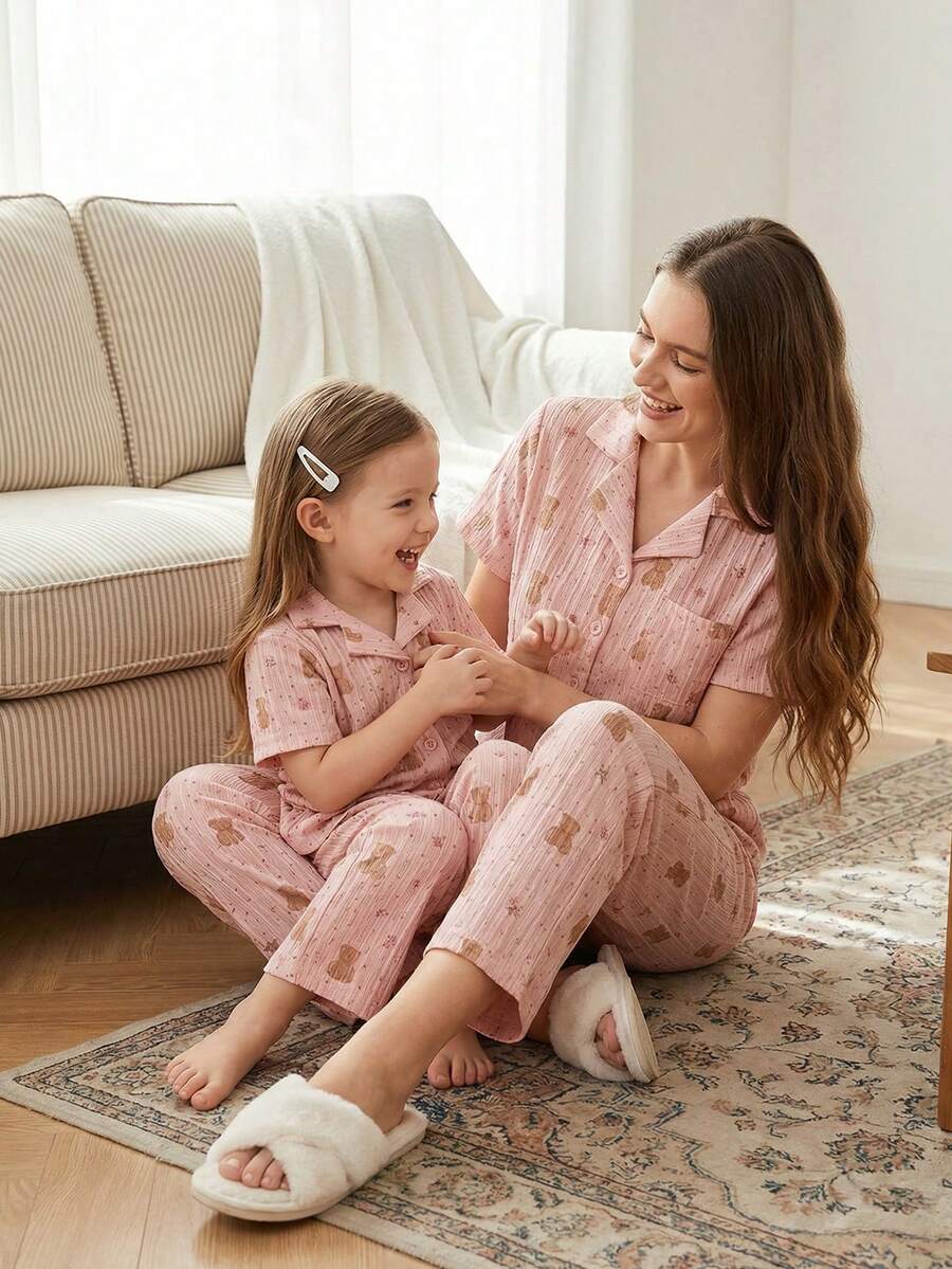 Young Girls Toddler Loungewear Set - Pink Cute Bear Elements Textured Waffle Knit Fabric Cardigan Long Sleeve And Long Pants Set Combination - Spring To Summer Home Vacation Valentine's Day Essential Kids Night Wear Pajama Set For Girls Girls Lounge Sets - Pink - View 1