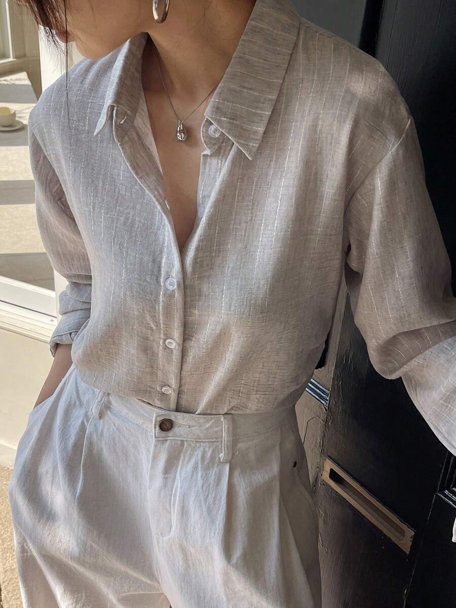 DAZY 女士纯色修身长袖休闲复古优雅夏季衬衫 - 灰色 - 查看 1