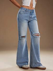 TRNVIE 女士休闲时尚街头日常通勤低腰破洞喇叭牛仔裤 - 藍色 - 查看 5