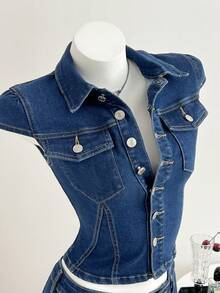 Elamini 女士夏季时尚前扣翻盖口袋牛仔衬衫 - 深色水洗藍 - 查看 6