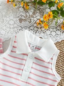 SHEIN 女嬰可愛粉白條紋翻領無袖洋裝學院風 夏季適用 春秋日常穿著 外出度假 - 淺粉色 - 查看 8