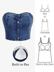 SHEIN MOD Top corto de mezclilla de talla grande, bandeau ajustado y elástico con acolchado - Azul lavado oscuro - Ver 7