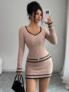 Selianne 2pcs Women's Casual Elegant Commuter Sweetheart Collar Contrast Trim Knit Top And Skirt Set, Spring/Summer - Apricot - View 6