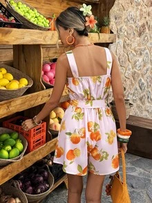 Selianne Áo liền quần hai dây màu hồng nhạt in họa tiết trái cây cam, cỡ tiêu chuẩn, thích hợp cho kỳ nghỉ xuân/hè. - Nhiều màu - Xem 2