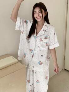 Dazy Plus Bộ đồ ngủ 2 món in hình hoạt hình dễ thương, áo tay ngắn dáng rộng và quần dài, thích hợp cho mùa xuân/thu. - Màu be - Xem 7