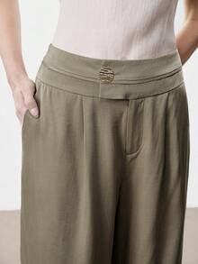 SHEIN LUNE Women's Elegant Chic Linen Blend Casual Pants With Waist Tie, Metal Buckle Decor, Pockets, Suitable For Party, Work, Vacation, Spring/Summer - Khaki - View 6