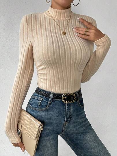 RosyDaze Women's French Style Solid Color Knit Long Sleeve Turtleneck T-Shirt