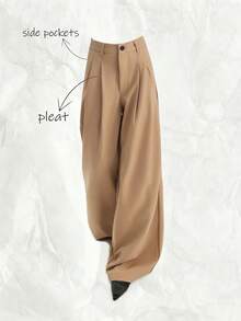 Olithes Beige High Waist Wide Leg Pants/Minimalist Relaxed Casual Chic Trousers/Commuting/Daily/Versatile Leg Lengthening - Khaki - View 1