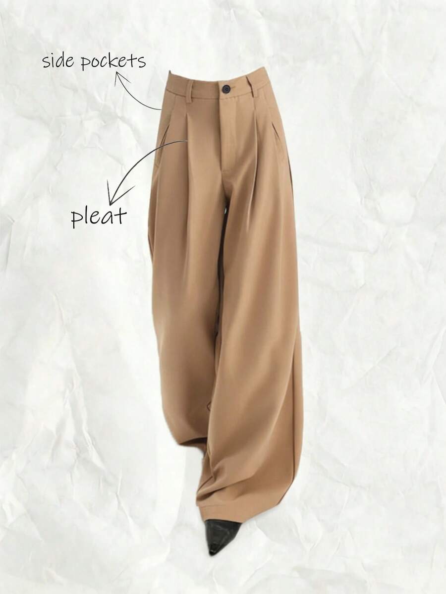 Olithes Beige High Waist Wide Leg Pants/Minimalist Relaxed Casual Chic Trousers/Commuting/Daily/Versatile Leg Lengthening - Khaki - View 1