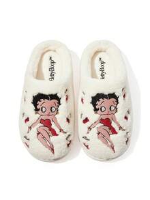 Betty Boop x SHEIN 女款卡通肖像刺繡居家拖鞋，秋冬聖誕禮物創意，派對、節日、情人節禮物 - 白色 - 查看 10