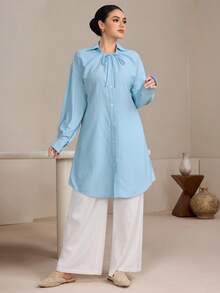 Graceveil Áo sơ mi dài tay dáng rộng màu xanh dương dành cho nữ - Màu xanh lam - Xem 1