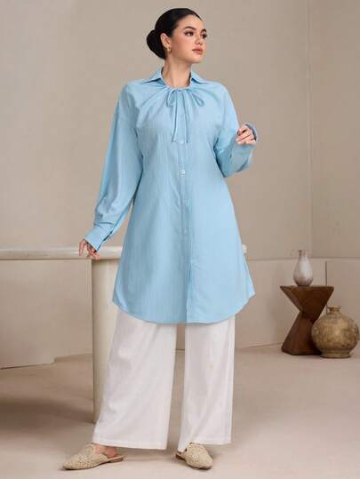 Graceveil Women's Loose Long Casual Blue Shirt Blouse Modest Shirts Long Blouses For Women Modest Tops For Women