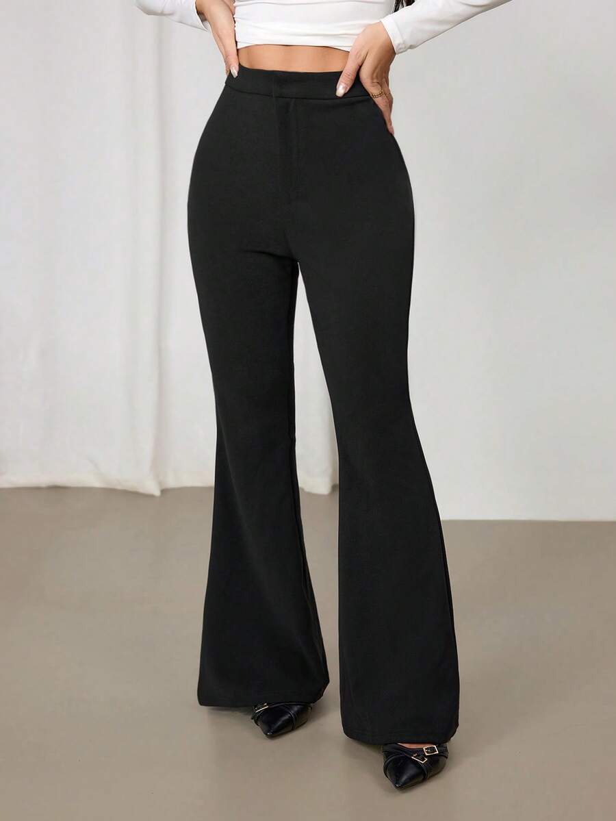 SHEIN PETITE 女士酒红色高腰喇叭长裤，秋冬新款黑色裤子 - 黑色 - 查看 1