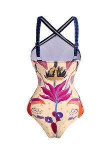 Swim Oasis Women's Summer Vacation Tropical Plant Print Criss-Cross One-Piece Swimsuit With Skirt 2 Pieces Swimwear Beach Outfit - Multicolor - View 5
