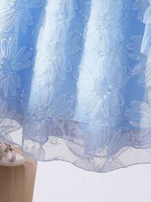 SHEIN Toddler Girls' Embroidered Mesh Flower Girl Wedding Party Princess Dress, Sleeveless Ruffle Halter Neck Dress With Crossbody Bag, Summer - Blue - View 8