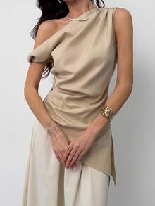 Aloruh Modern Beige Set,Elegant Summmer Vacation One-Shoulder Cinched Waist Metal Buckle Top & Straight-Leg Pants,Dignified Office Wear & Casual Outfits - Multicolor - View 7