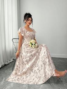 Elenzga Rochie stil rustic, casual, cu imprimeu floral, mărime plus - Caisă - Vizualizare 6