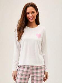 Loomlin Cotton Cute Pink & Blue Heart Long Sleeve Sleep Top&Plaid Pattern Pants Homewear Pajama Set Pajama Sets For Women Round Neck Warm Pajamas For Women Sleep Wear Women Set Soft Pajamas Set