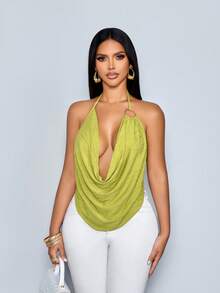 SOLERSUN Elegant And Sexy Solid Color Jacquard Halter Neck Top/Tank Top For Women, Perfect For A Valentine's Day Date. - Green - View 6
