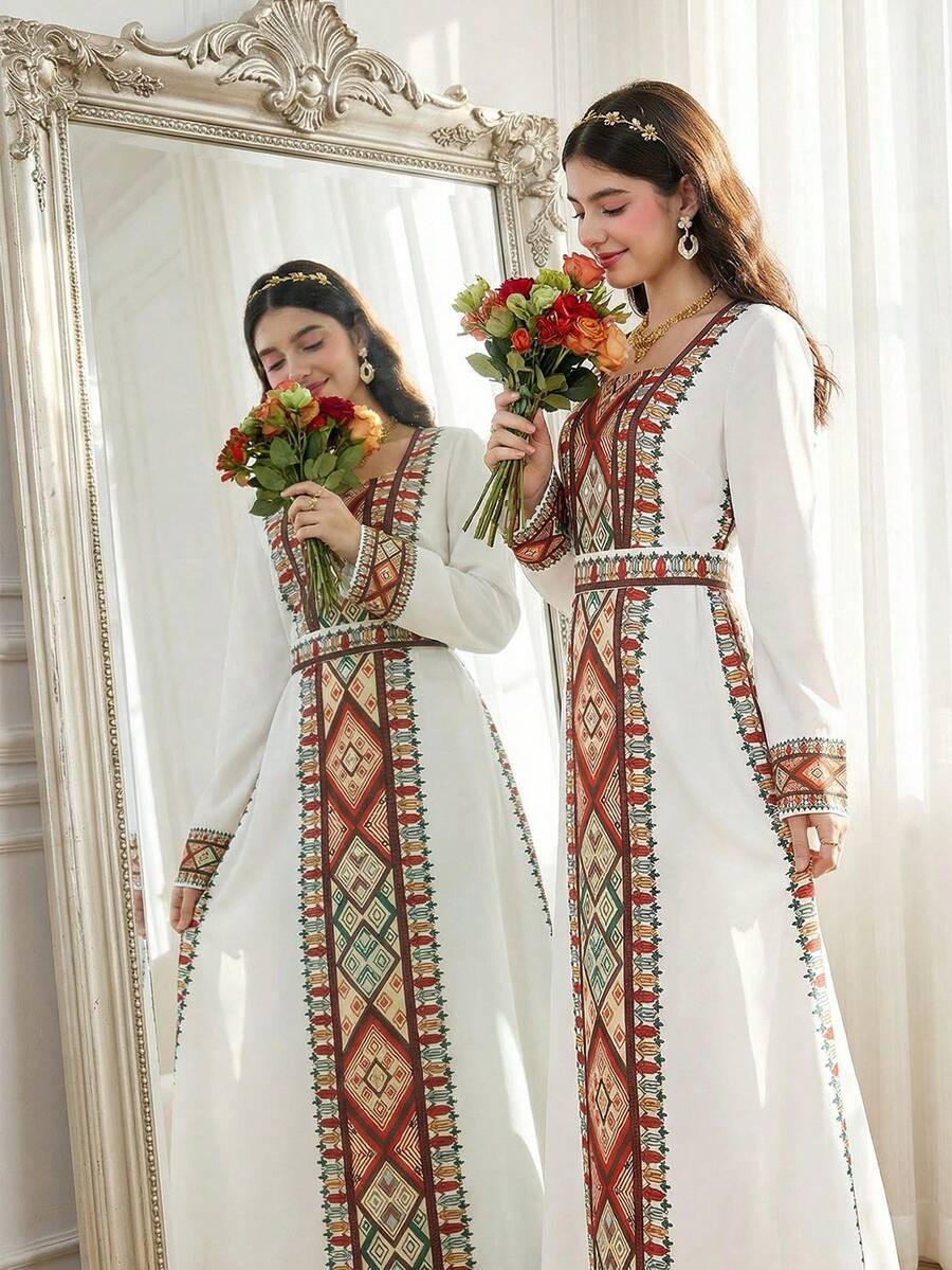 SHEIN Teen Girl Geometric Print Casual Party & Outing Flare Sleeve Dress - Apricot - View 1