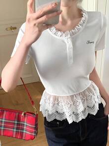 FRIFUL 女士时尚休闲蕾丝边纽扣T恤 - 白色 - 查看 7