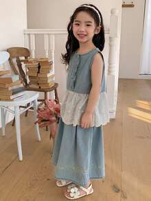 DAZY 2pcs Girls (Small) Round Neck Contrast Lace Denim Top And Denim Skirt Set, Fall Outfit - Blue - View 9