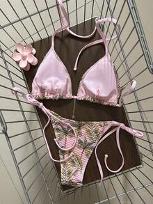 Swim Vcay Spring/Summer Coconut Tree Hollow-Out Special Fabric Tie-Up Halter Backless Bikini Set With Side Tie Strings, Casual Vacation Style For Women - Multicolor - View 6