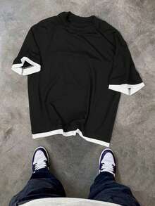 Manfinity Men's Casual Loose Fit Contrast Color Round Neck Short Sleeve T-Shirt - Black - View 3