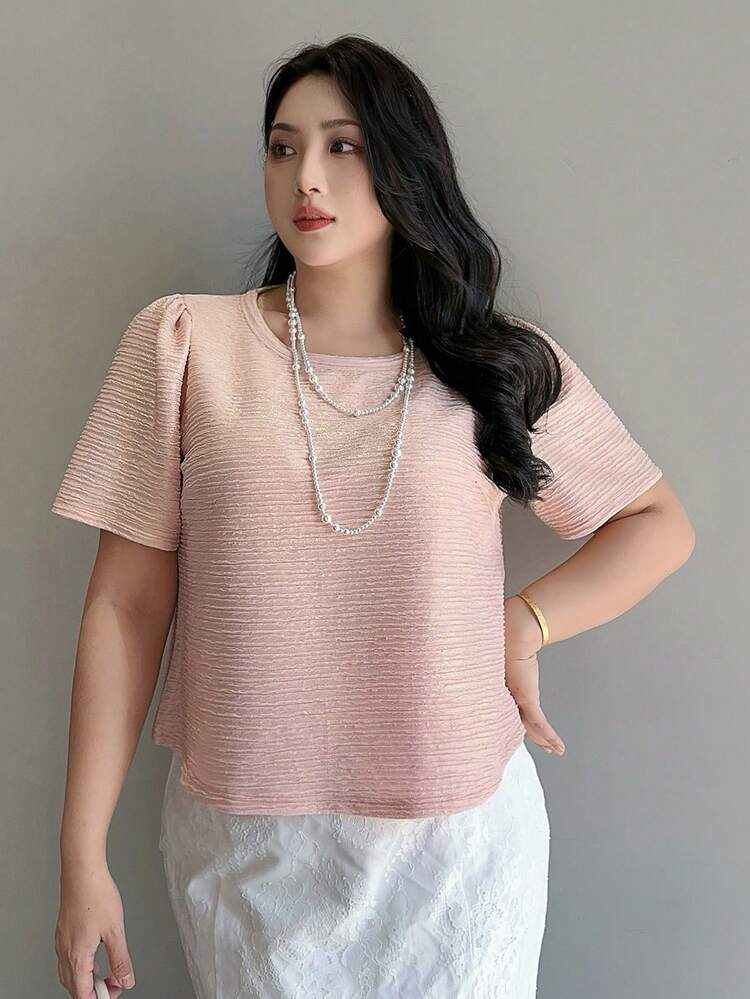 Dazy Plus Pink Elegant Cropped Shirt With Round Neck Short Sleeve