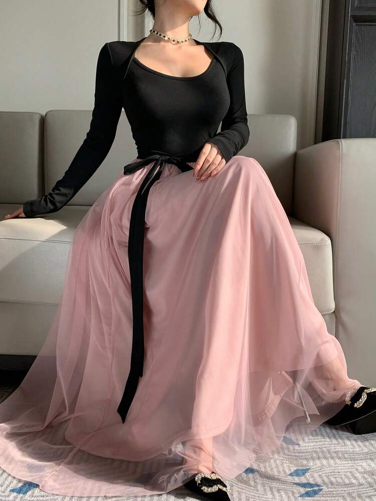 Black & Pink Mesh Patchwork Elegant Dress, Fashion Party Gown For New Year, Christmas, Wedding, Banquet, Ball With Bow Tie Cinched Waist, Mid-Length For Women, Suitable For Spring & Autumn