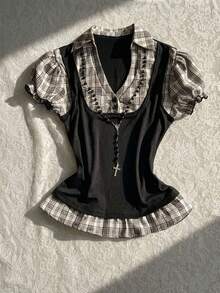 Attitoon 休闲复古朋克 Y2K、情人节音乐节西部哥特风二合一格子拼接泡泡袖修身女式衬衫，适合夏季外出穿着 - 黑色 - 查看 3