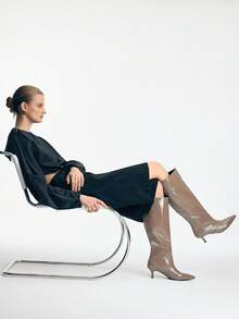 Women's Fashion Pointed Comfort Kitten Heel Knee Boots - Khaki - View 6