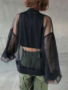 FRIFUL Chaqueta regular de manga larga de unicolor con cremallera y malla transparente para mujer, para el verano - Negro - Ver 6