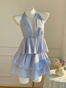 SHEIN EZwear Women's Striped Ruffle Hem Backless Halter Top And Mini Skirt Sexy Fashion 2-Piece Set - Baby Blue - View 8