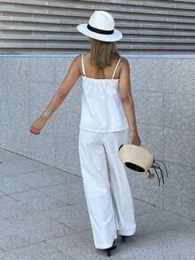 DAZY 女士褶裥吊带背心搭配宽松直筒裤休闲牛仔套装 - 白色 - 查看 7
