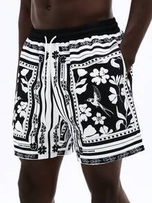 SUMWON Men's Black And White Bandana Print Swim Trunks With Side Pockets Tropical Beach Shorts Summer Vacation - Multicolor - View 1