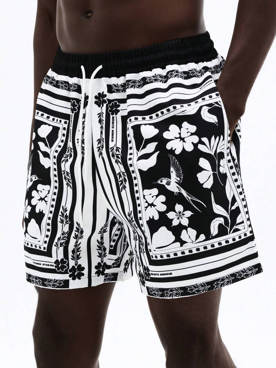 SUMWON Men's Black And White Bandana Print Swim Trunks With Side Pockets Tropical Beach Shorts Summer Vacation - Multicolor - View 1