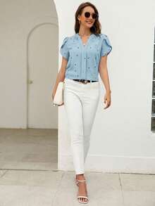 SHEIN Clasi 春季爱心印花花瓣袖V领夏季沙滩女式衬衫 - 薄荷藍 - 查看 4