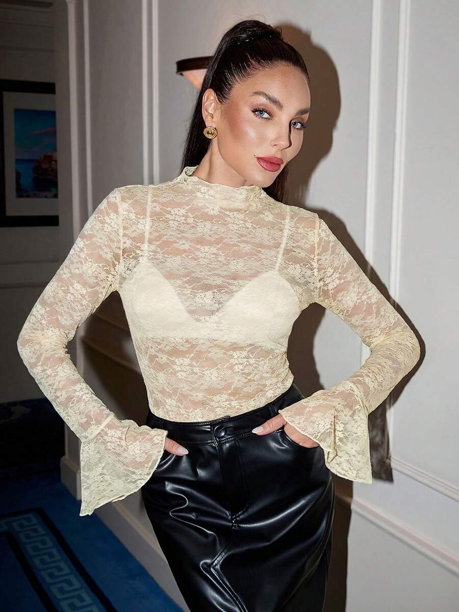 Lavishia Women's Floral Lace Collar Flare Sleeve Sheer Sexy Blouse - Apricot - View 1