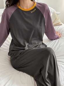 DAZY Casual Letter Graphic Contrast Raglan Sleeve Loose Women Pajama Set - Grey - View 3